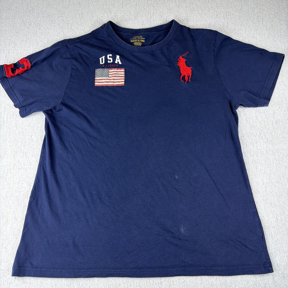 Polo Ralph Lauren Boys Navy Blue Big Pony American Flag T-Shirt Size XL 18-20